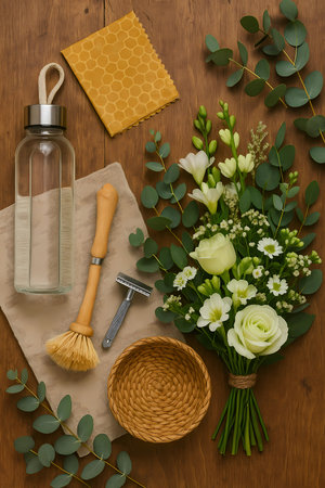 Flower arrangement with eucalyptus leaves, perfume bottle and brush on wooden backgroundの素材
