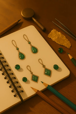 Notebook with earrings and pencils on the wooden table.の素材