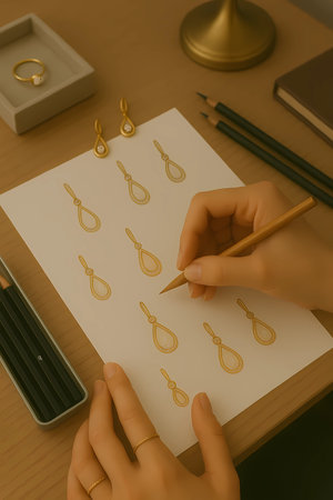 Female hands drawing on a white sheet of paper with gold earringsの素材