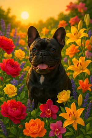 french bulldog in the field of flowers at sunset or sunriseの素材