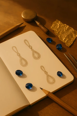 Jewelry on a wooden table with pencils and notebook.の素材