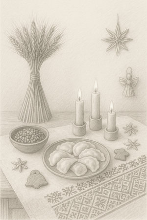 vintage christmas still life with dumplings, candles and wheatの素材
