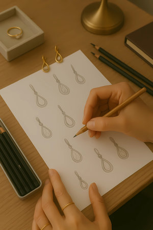 Woman's hand drawing earrings with pencils on white sheet of paperの素材