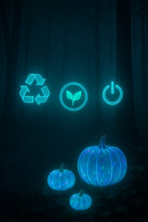 Pumpkin and power button on dark forest background. 3D renderingの素材