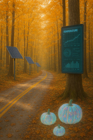 Autumn road with pumpkins and solar panels. 3d renderの素材