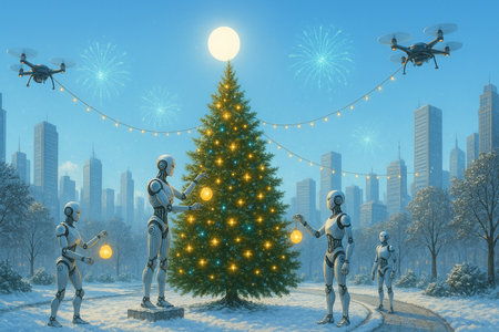 Robots with Christmas tree and fireworks in the city. 3D rendering.の素材