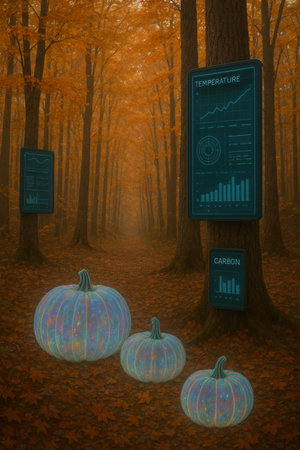 Autumn landscape with pumpkins and road signs. 3d renderの素材