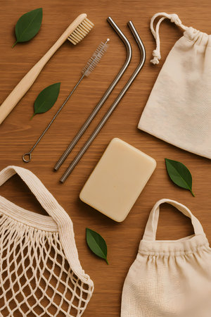 Zero waste, plastic free, sustainable lifestyle concept. Eco friendly bamboo toothbrushes, reusable cotton bag, bamboo toothbrush and soap on wooden background.の素材