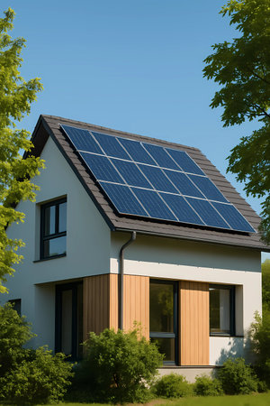 Modern house with solar panels installed on the roof. Alternative energy source.の素材