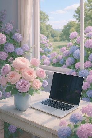 Laptop with blank screen on table near window with pink hydrangea flowersの素材