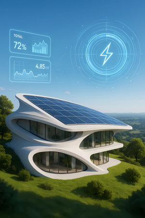 3d render of a modern house with solar panels on the roofの素材