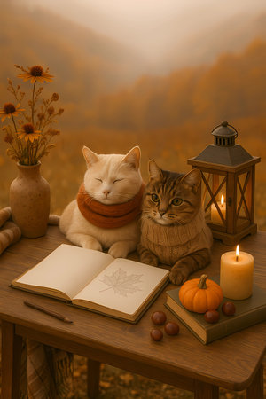 Two cats sitting on a wooden table with a book, lantern, pumpkins, candles and autumn flowers.の素材
