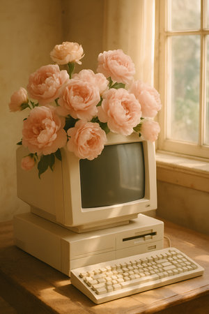Vintage computer with pink roses in a vase on the windowsillの素材