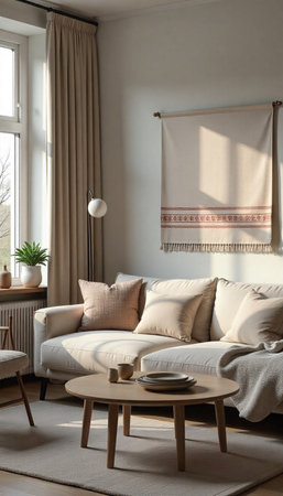 interior of modern living room with sofa, coffee table and windowの素材