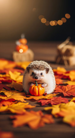 Hedgehog with pumpkin and autumn leaves on wooden background. Autumn concept.の素材