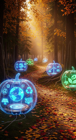 Digital composite of Halloween pumpkins in the autumn forest with glowing iconsの素材
