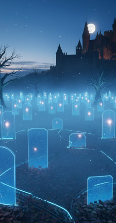 Halloween background with haunted castle and moonlight. 3D renderingの素材