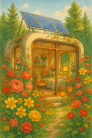 House with solar panels and flowers. Original painting. Digital illustration.の素材