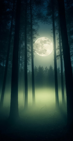 Foggy spooky forest at night with full moon. Halloween backgroundの素材