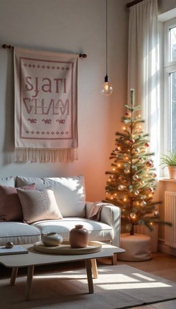 Christmas living room interior with a Christmas tree, sofa, coffee table and decorationsの素材