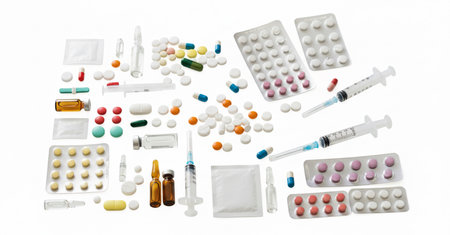 Pills, tablets and syringes isolated on white background.の素材
