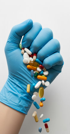 Hand in blue glove holding a lot of colorful pills over white backgroundの素材