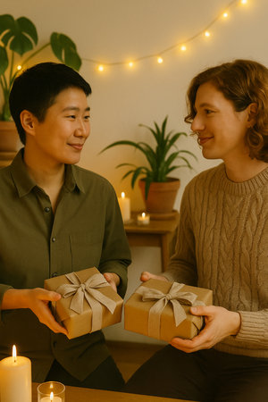 Young asian man giving a gift box to his girlfriend at homeの素材