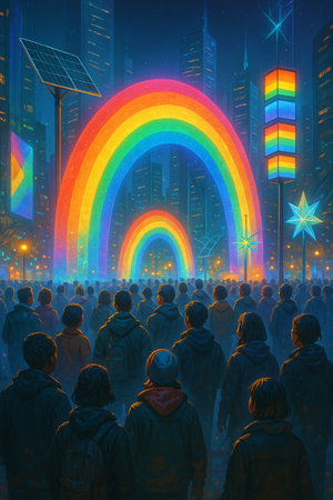 A crowd of people in front of a huge rainbow in the night cityの素材