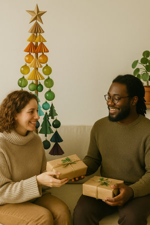 Young interracial couple sitting on sofa at home, exchanging Christmas presentsの素材