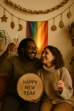 Happy young couple celebrating New Year and drinking champagne in room decorated with rainbowの素材