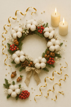 Christmas wreath with pine cones, holly berries, acorns and candlesの素材