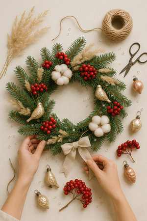 Female hands decorate christmas wreath on white background, top viewの素材