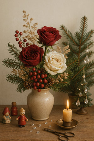 Christmas decoration with red roses in a vase, candles and pine branchesの素材