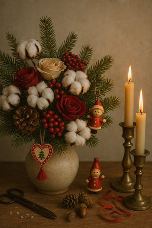 Christmas still life with candles, fir branches and decorations on wooden backgroundの素材