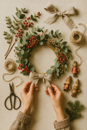 Handmade christmas wreath with fir branches, berries and cones on rustic backgroundの素材
