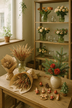 Flower shop interior. Florist workplace. Bouquet of flowers in vase.の素材