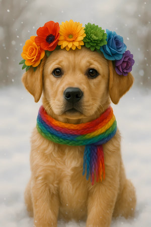 Labrador retriever puppy wearing a colorful scarf in the snow in winterの素材