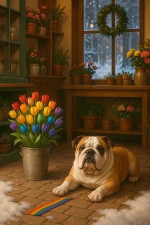 Dog breed English Bulldog with a bouquet of tulips in a flower shop.の素材