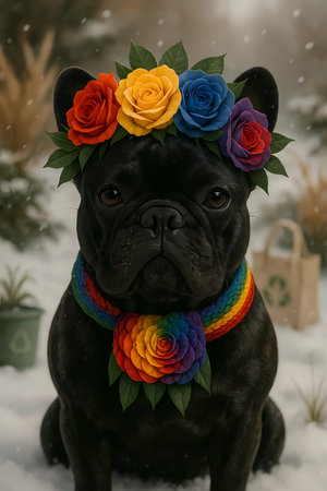 French bulldog wearing a wreath of flowers on his head.の素材