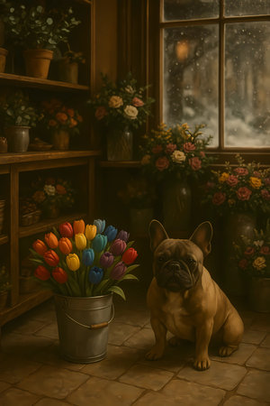 French bulldog sitting in front of a window with a bouquet of tulipsの素材