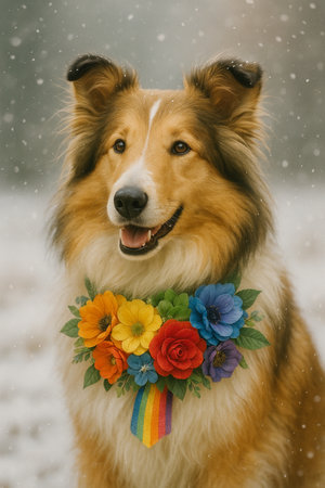 Sheltie dog with a wreath of flowers in the winterの素材