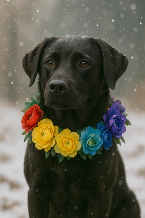 Black Labrador Retriever with a flower wreath in the snowの素材