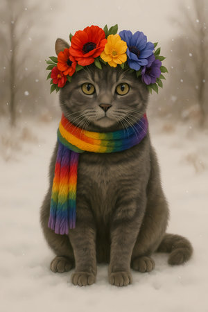 Cute cat with a wreath of flowers in the winter forestの素材