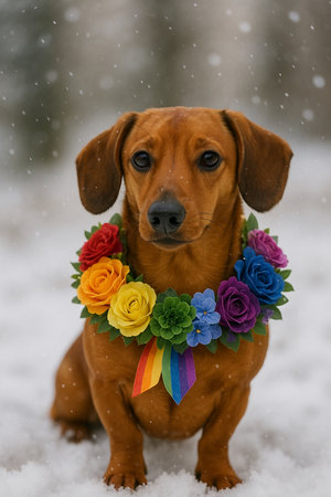 Dachshund with a wreath of flowers in the snowの素材