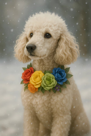 Cute poodle dog in a wreath of flowers in the snowの素材
