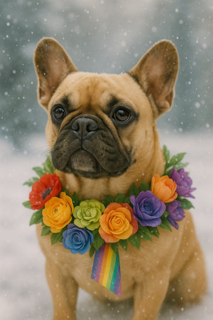 French bulldog in a wreath of flowers on a snowy background.の素材