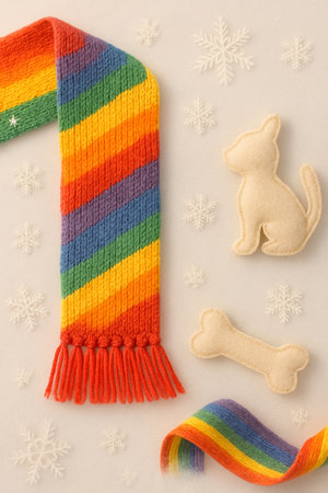 Rainbow knitted scarf and dog toy on snowflakes backgroundの素材