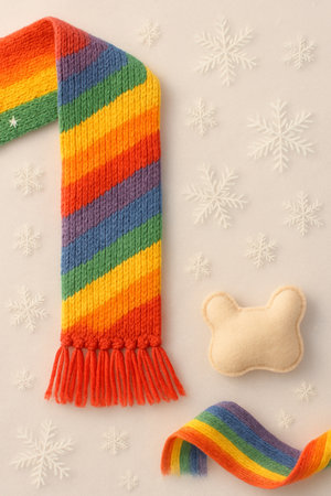 Rainbow scarf, dog toy and snowflakes on white backgroundの素材