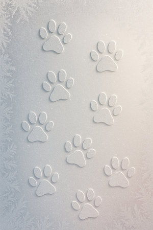 Animal footprints on the frosty window. Shallow depth of fieldの素材