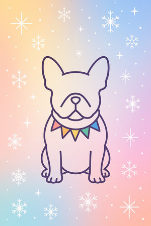French bulldog with bowtie and snowflakes. Vector illustration.の素材